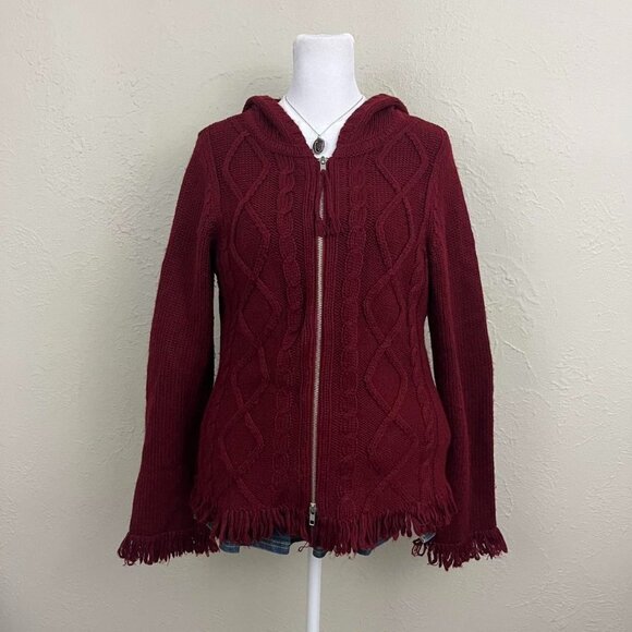 Burgundy cable knit y2k cardigan with fringe detailing and double zipper closure - Picture 2 of 8